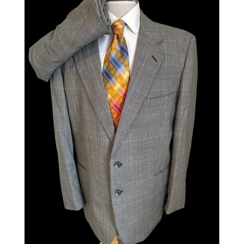 VTG Savile Row Men's Wool Blend 2-Button Suit Gray Glen Plaid 44R Pants 38 x 32